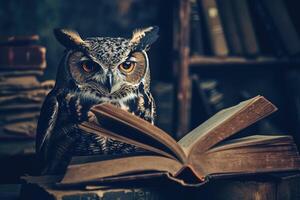 Owl reading book on bookshelf with books and bookshelf photo