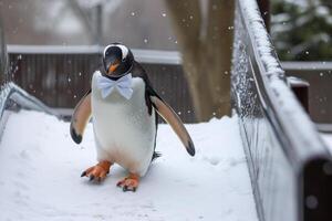 A penguin wearing a bow tie walking down a snowy path photo