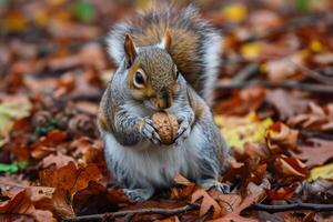 A squirrel eating a nut in the leaves photo