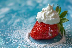 A strawberry with whipped cream on top photo