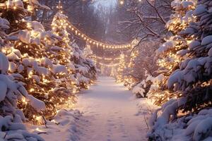A pathway lined with trees covered in snow photo
