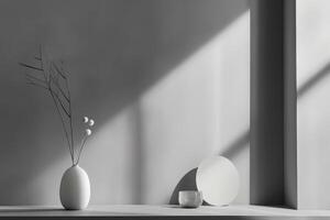 A vase and a vase on a shelf in front of a window photo