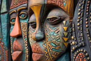 A group of colorful wooden masks are on display photo
