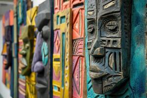 A row of colorful wooden masks on display photo