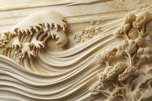 A sculpture of waves and flowers on a wall photo