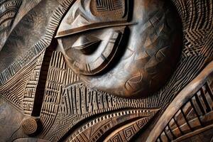 A close up of a wooden sculpture with a face photo