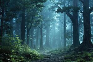 A path through a forest with trees and green grass photo