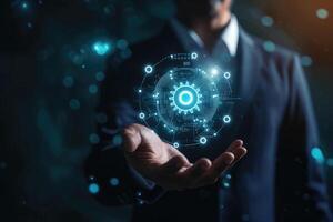 Businessman holding futuristic technology interface in hand photo