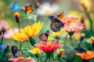 Butterflies and flowers in a field with a blurred background photo