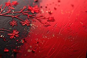 A red and black painting with a tree and leaves photo