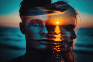 Double exposure of a man and woman with the sun setting in the background photo