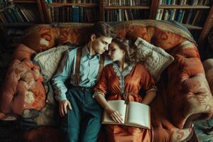 A man and woman sitting on a couch in front of a bookcase photo
