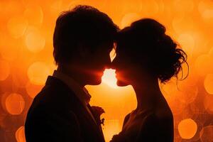 A silhouette of a couple kissing in front of a bright orange sunset photo
