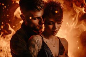 A man and woman are hugging in front of a fire photo