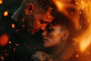 A man and woman are embracing in front of fire photo
