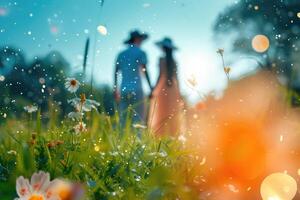 Couple in the field with flowers and raindrops photo