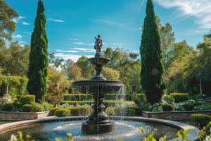 A fountain in a garden with trees and bushes photo