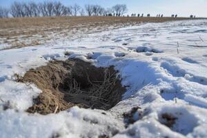 A hole in the snow with people walking in the background photo