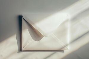 An open white envelope on a white surface photo