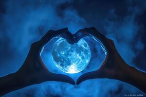 Two hands are making a heart shape with the moon in the background photo