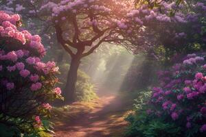 A path through a forest with flowers and trees photo