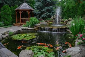 A backyard pond with a gazebo and fish photo