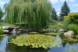 A pond with a willow tree in the middle photo