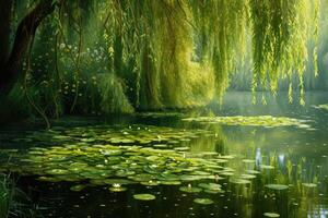 A pond with lily pads and willow trees photo