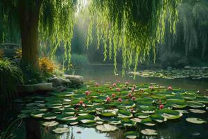 A pond with lily pads and willow trees photo
