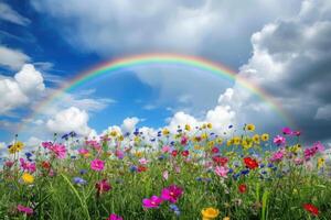 A field of wildflowers and a rainbow in the sky photo