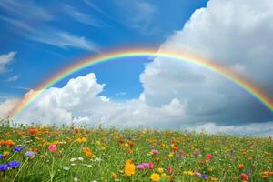 A field of flowers and a rainbow in the sky photo