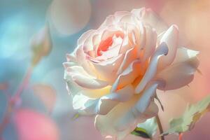 A rose is shown in a photo with a blurred background
