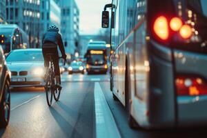 A cyclist riding on the road in traffic photo