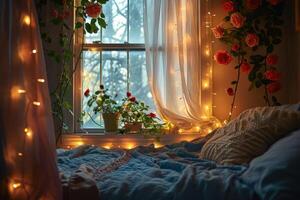 A bed with a window and flowers in front of it photo