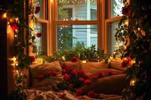 A window with a bunch of red roses on it photo