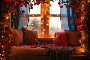 A window seat with red roses and a window with lights photo