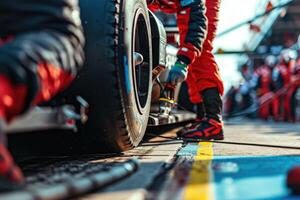 A man in red and black is working on a race car photo