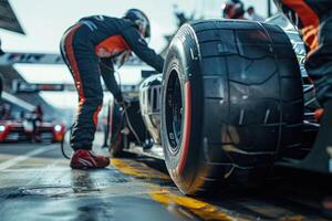 A man is working on a race car tire photo