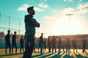 Soccer player standing in front of a team photo