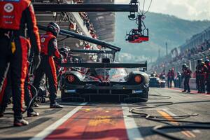 A race car is being worked on by a mechanic photo