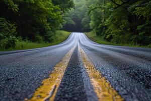 A wet road with yellow lines photo