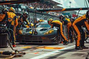 A group of men working on a race car photo