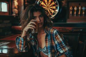 A woman in plaid shirt sitting at a bar with a dart board photo
