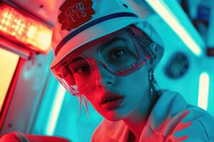 A woman wearing a white hat and glasses in front of neon lights photo