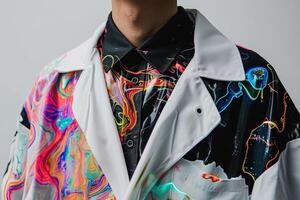 A man wearing a colorful jacket with a tie photo