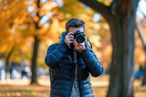 A man taking a photo with his camera in the park