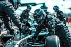 A group of men in black suits working on a race car photo