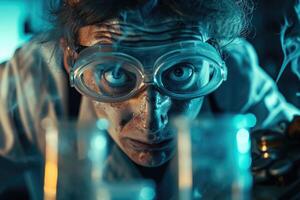 A man in a lab coat and goggles looking at a test tube photo