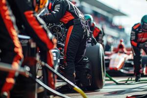 A group of men in racing gear working on a car photo
