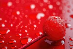 A cherry on a stick with water droplets on it photo